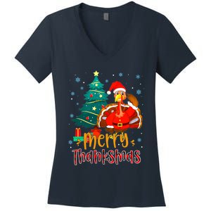 Funny Turkey Santa Merry Thanksmas Christmas Thanksgiving Women's V-Neck T-Shirt