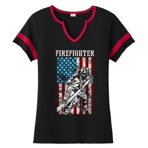 Fire Tattered Stripes Patriotic Firefighter American Flag Gift Ladies Halftime Notch Neck Tee