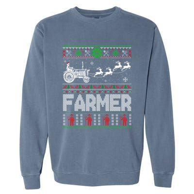 Farmer Tractor Sleigh Reindeer Christmas Ugly Xmas Funny Gift Garment-Dyed Sweatshirt