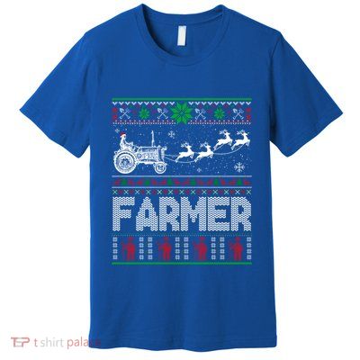 Farmer Tractor Sleigh Reindeer Christmas Ugly Xmas Funny Gift Premium T-Shirt