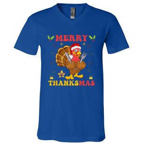 Funny Turkey Santa Merry Thanksmas Christmas Thanksgiving Gift V-Neck T-Shirt