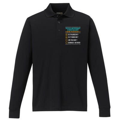 Funny Tech Support Checklist Helpdesk It Guys Computer Geek Performance Long Sleeve Polo
