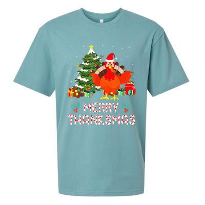 Funny Turkey Santa Merry Thanksmas Christmas Thanksgiving Sueded Cloud Jersey T-Shirt