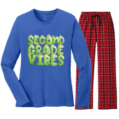 Friday Teacher Second 2Nd Grade Level Cactus Vibes Boho Team Gift Women's Long Sleeve Flannel Pajama Set 