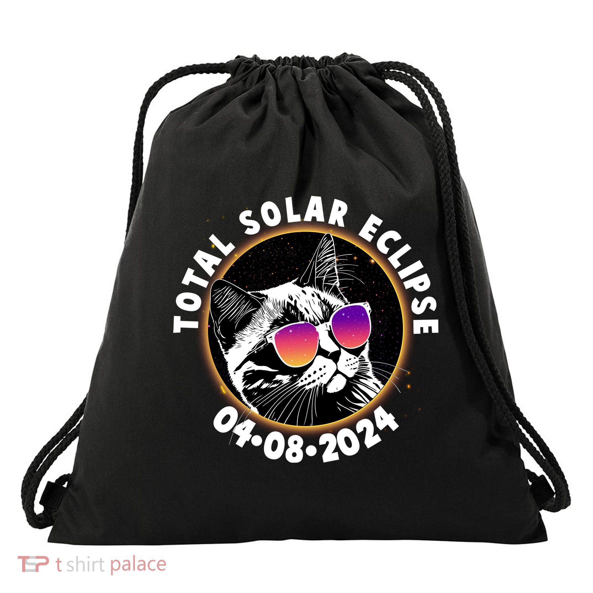 Funny Total Solar Eclipse April 8 2024 Sunglasses Cat Drawstring Bag