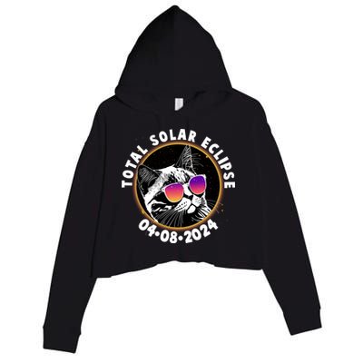 Funny Total Solar Eclipse April 8 2024 Sunglasses Cat Crop Fleece Hoodie