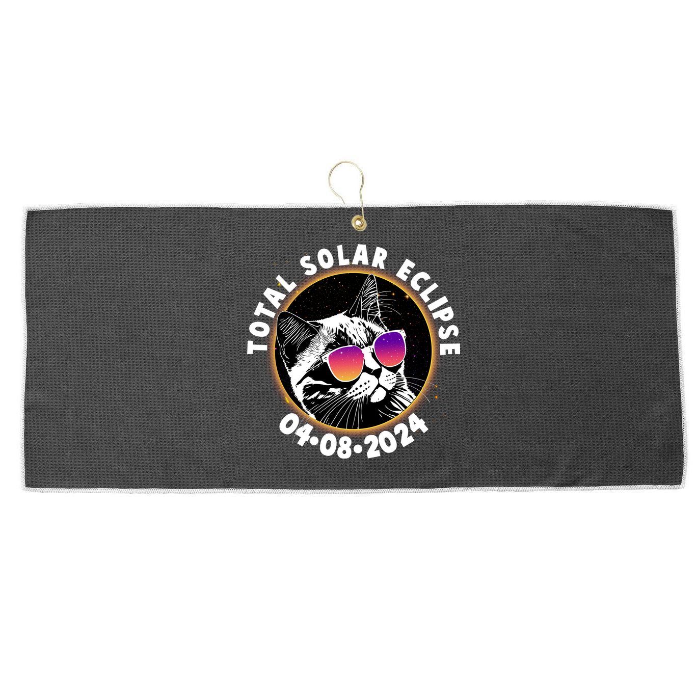 Funny Total Solar Eclipse April 8 2024 Sunglasses Cat Large Microfiber Waffle Golf Towel
