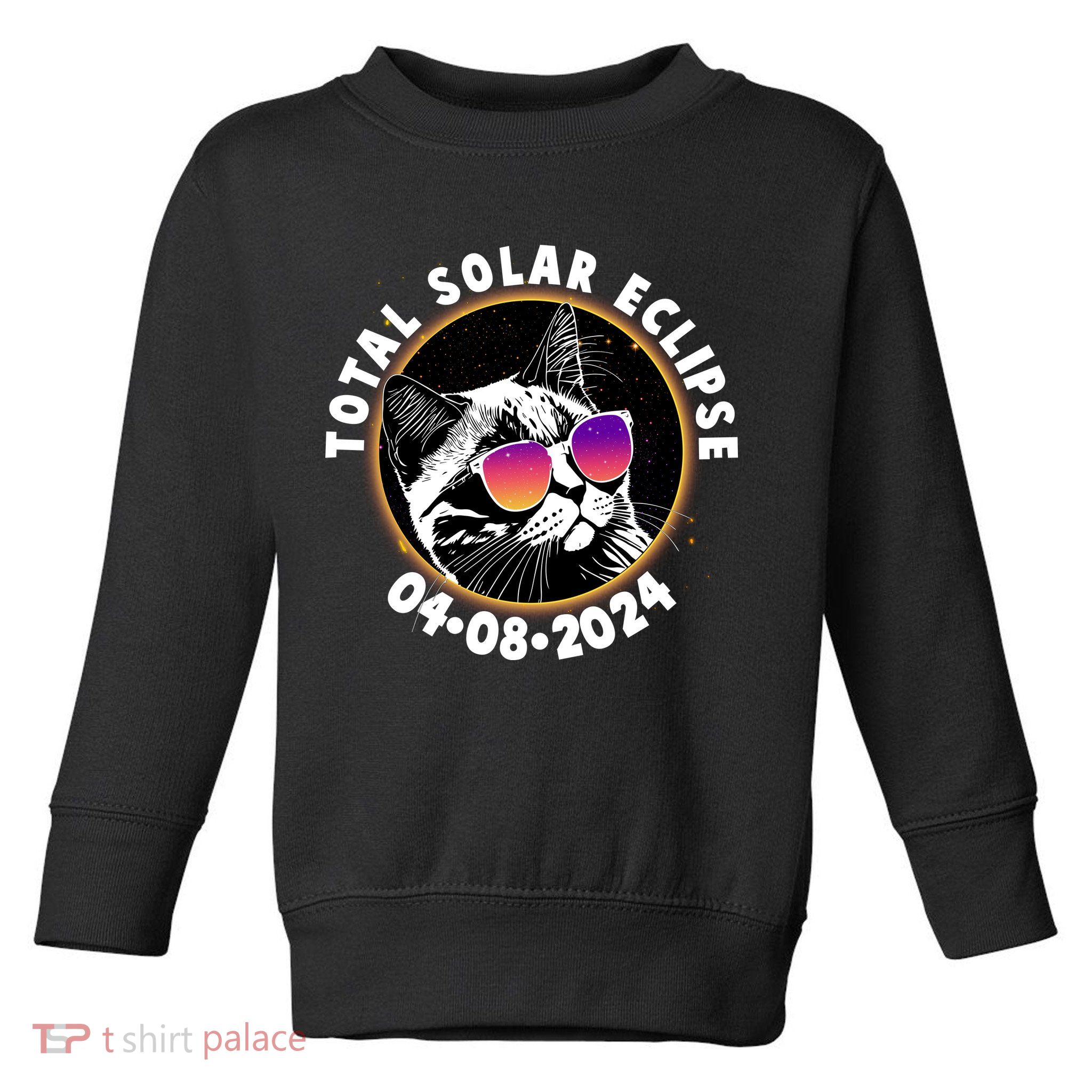 Funny Total Solar Eclipse April 8 2024 Sunglasses Cat Toddler Sweatshirt