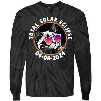 Funny Total Solar Eclipse April 8 2024 Sunglasses Cat Tie-Dye Long Sleeve Shirt