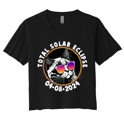 Funny Total Solar Eclipse April 8 2024 Sunglasses Cat Crop Top