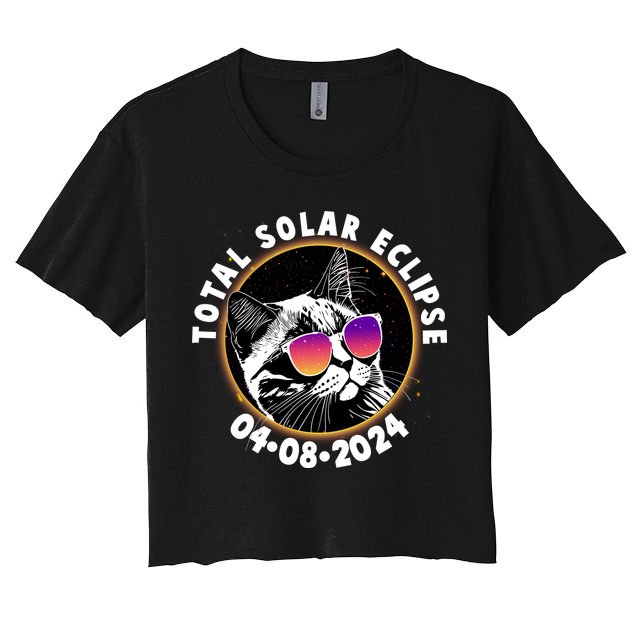 Funny Total Solar Eclipse April 8 2024 Sunglasses Cat Crop Top
