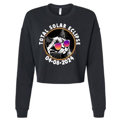 Funny Total Solar Eclipse April 8 2024 Sunglasses Cat Cropped Pullover Crew