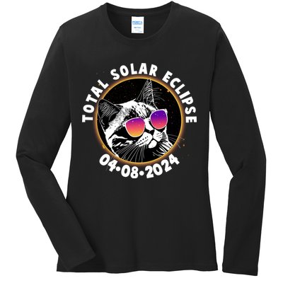 Funny Total Solar Eclipse April 8 2024 Sunglasses Cat Ladies Long Sleeve Shirt