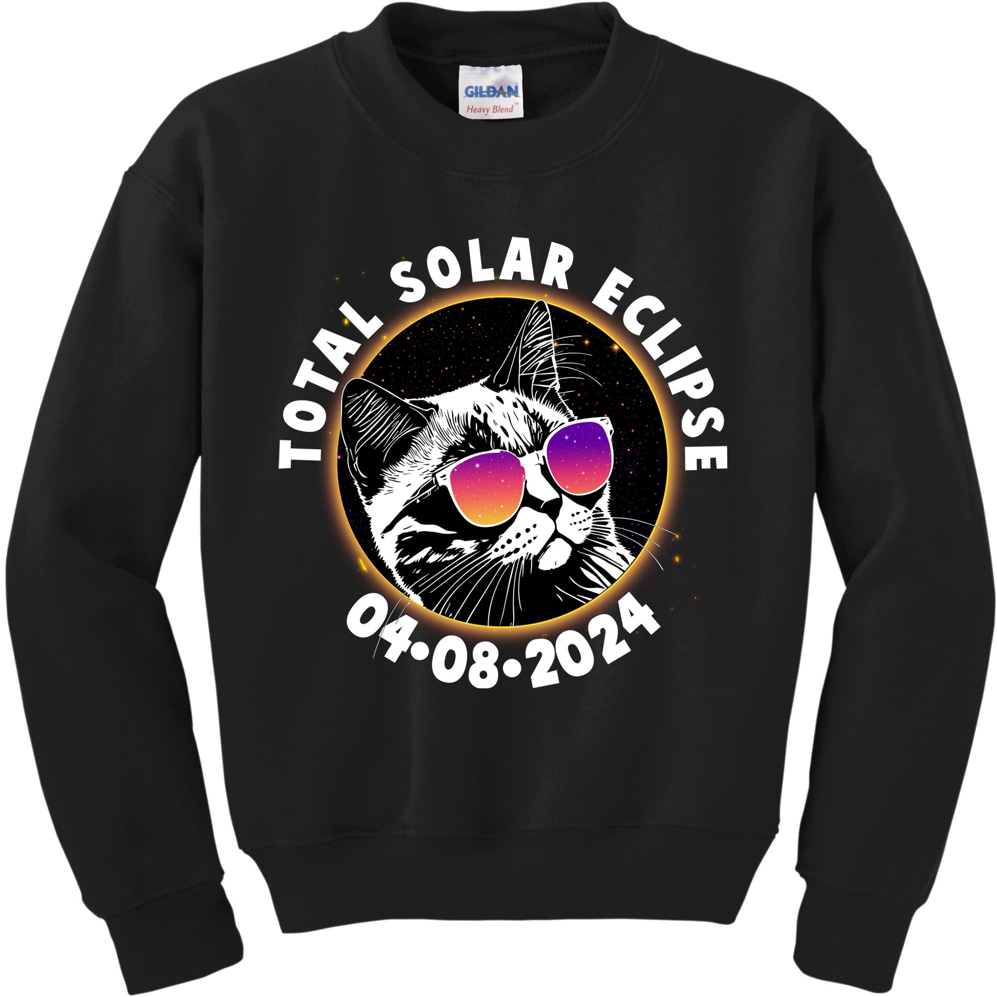 Funny Total Solar Eclipse April 8 2024 Sunglasses Cat Kids Sweatshirt