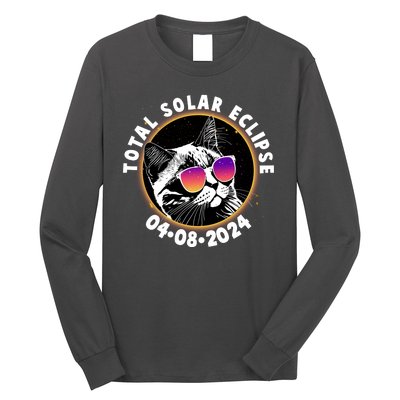 Funny Total Solar Eclipse April 8 2024 Sunglasses Cat Long Sleeve Shirt