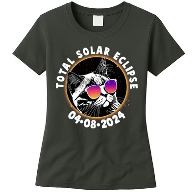 Funny Total Solar Eclipse April 8 2024 Sunglasses Cat Womens T-Shirt