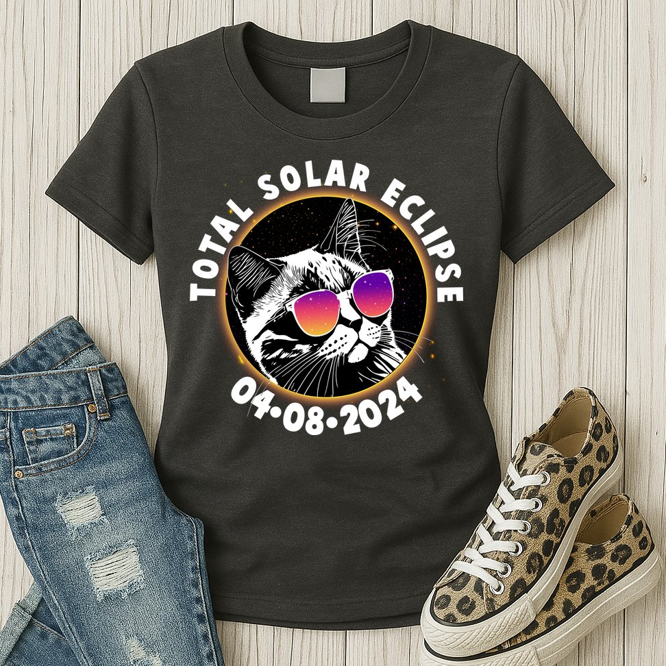 Funny Total Solar Eclipse April 8 2024 Sunglasses Cat Womens T-Shirt