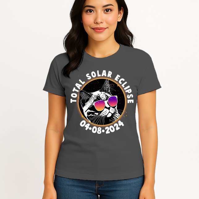 Funny Total Solar Eclipse April 8 2024 Sunglasses Cat Womens T-Shirt