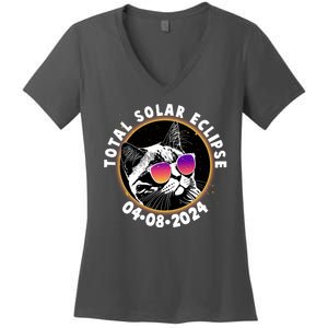 Funny Total Solar Eclipse April 8 2024 Sunglasses Cat Women's V-Neck T-Shirt