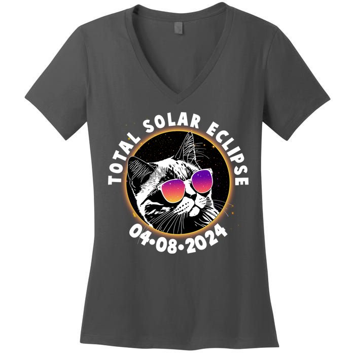 Funny Total Solar Eclipse April 8 2024 Sunglasses Cat Women's V-Neck T-Shirt