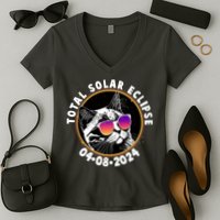 Funny Total Solar Eclipse April 8 2024 Sunglasses Cat Women's V-Neck T-Shirt