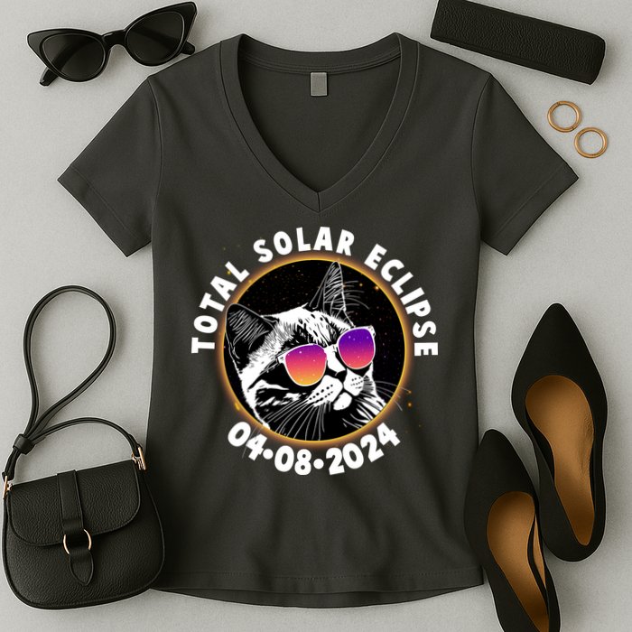 Funny Total Solar Eclipse April 8 2024 Sunglasses Cat Women's V-Neck T-Shirt