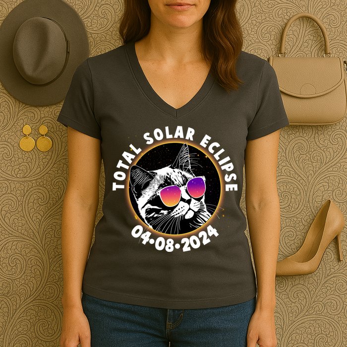 Funny Total Solar Eclipse April 8 2024 Sunglasses Cat Women's V-Neck T-Shirt