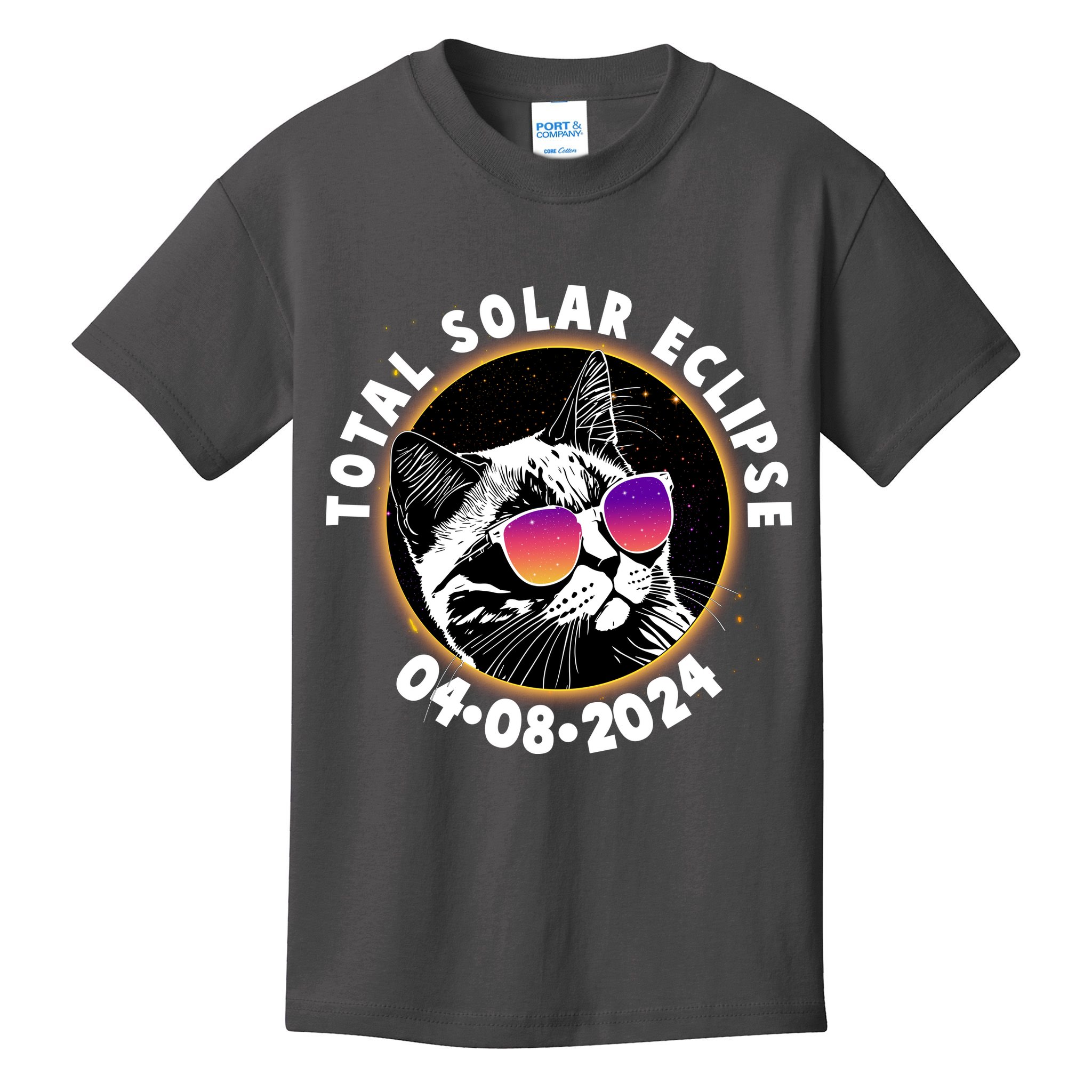 Funny Total Solar Eclipse April 8 2024 Sunglasses Cat Kids T-Shirt