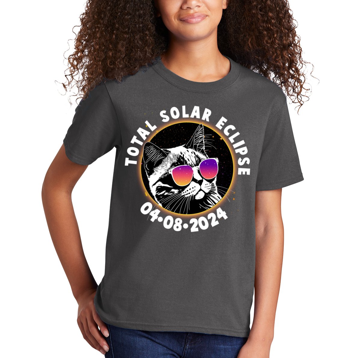 Funny Total Solar Eclipse April 8 2024 Sunglasses Cat Kids T-Shirt