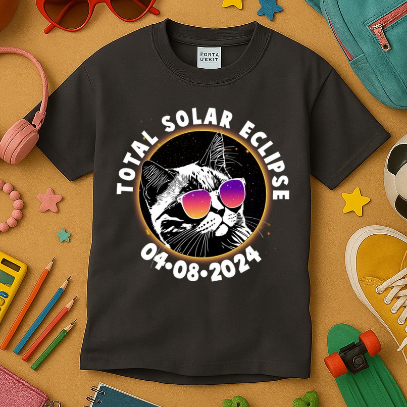 Funny Total Solar Eclipse April 8 2024 Sunglasses Cat Kids T-Shirt