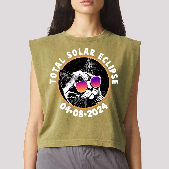 Funny Total Solar Eclipse April 8 2024 Sunglasses Cat Garment-Dyed Women's Muscle Tee