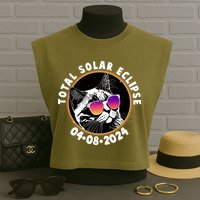 Funny Total Solar Eclipse April 8 2024 Sunglasses Cat Garment-Dyed Women's Muscle Tee