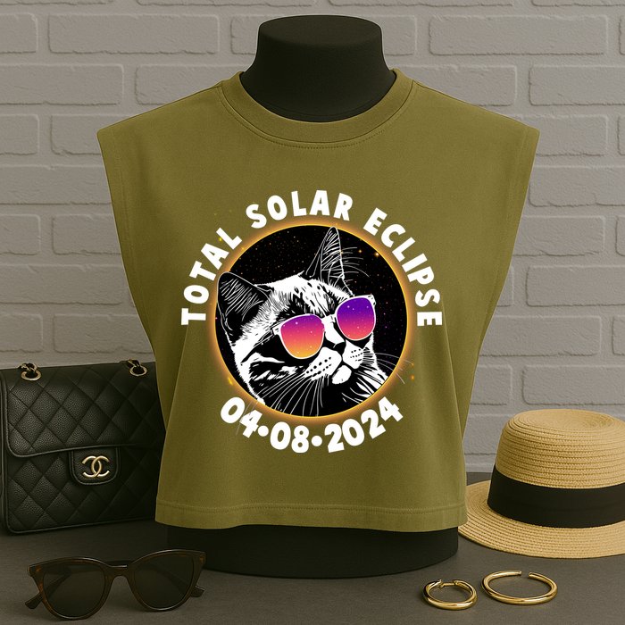Funny Total Solar Eclipse April 8 2024 Sunglasses Cat Garment-Dyed Women's Muscle Tee