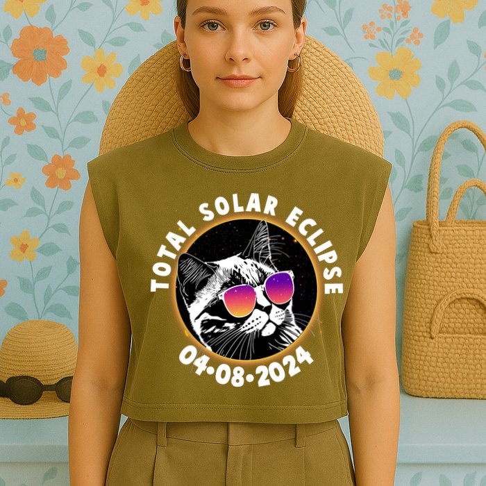 Funny Total Solar Eclipse April 8 2024 Sunglasses Cat Garment-Dyed Women's Muscle Tee