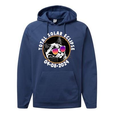 Funny Total Solar Eclipse April 8 2024 Sunglasses Cat Performance Fleece Hoodie