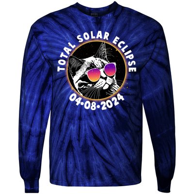 Funny Total Solar Eclipse April 8 2024 Sunglasses Cat Tie-Dye Long Sleeve Shirt