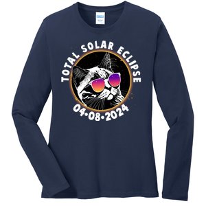 Funny Total Solar Eclipse April 8 2024 Sunglasses Cat Ladies Long Sleeve Shirt