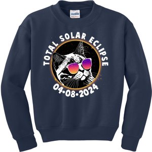 Funny Total Solar Eclipse April 8 2024 Sunglasses Cat Kids Sweatshirt