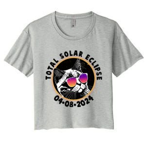 Funny Total Solar Eclipse April 8 2024 Sunglasses Cat Women's Crop Top Tee