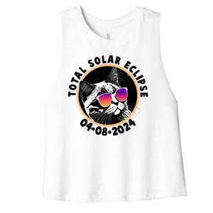 Funny Total Solar Eclipse April 8 2024 Sunglasses Cat Women's Racerback Cropped Tank