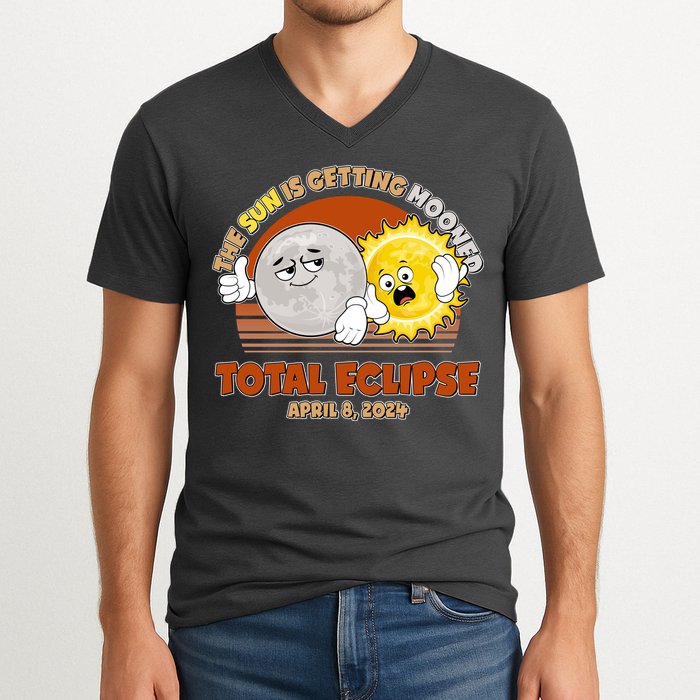 Funny Total Solar Eclipse The Sun Is Getting Mooned April 8 2024 V-Neck T-Shirt