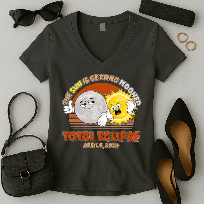 Funny Total Solar Eclipse The Sun Is Getting Mooned April 8 2024 Women's V-Neck T-Shirt