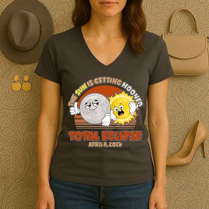 Funny Total Solar Eclipse The Sun Is Getting Mooned April 8 2024 Women's V-Neck T-Shirt