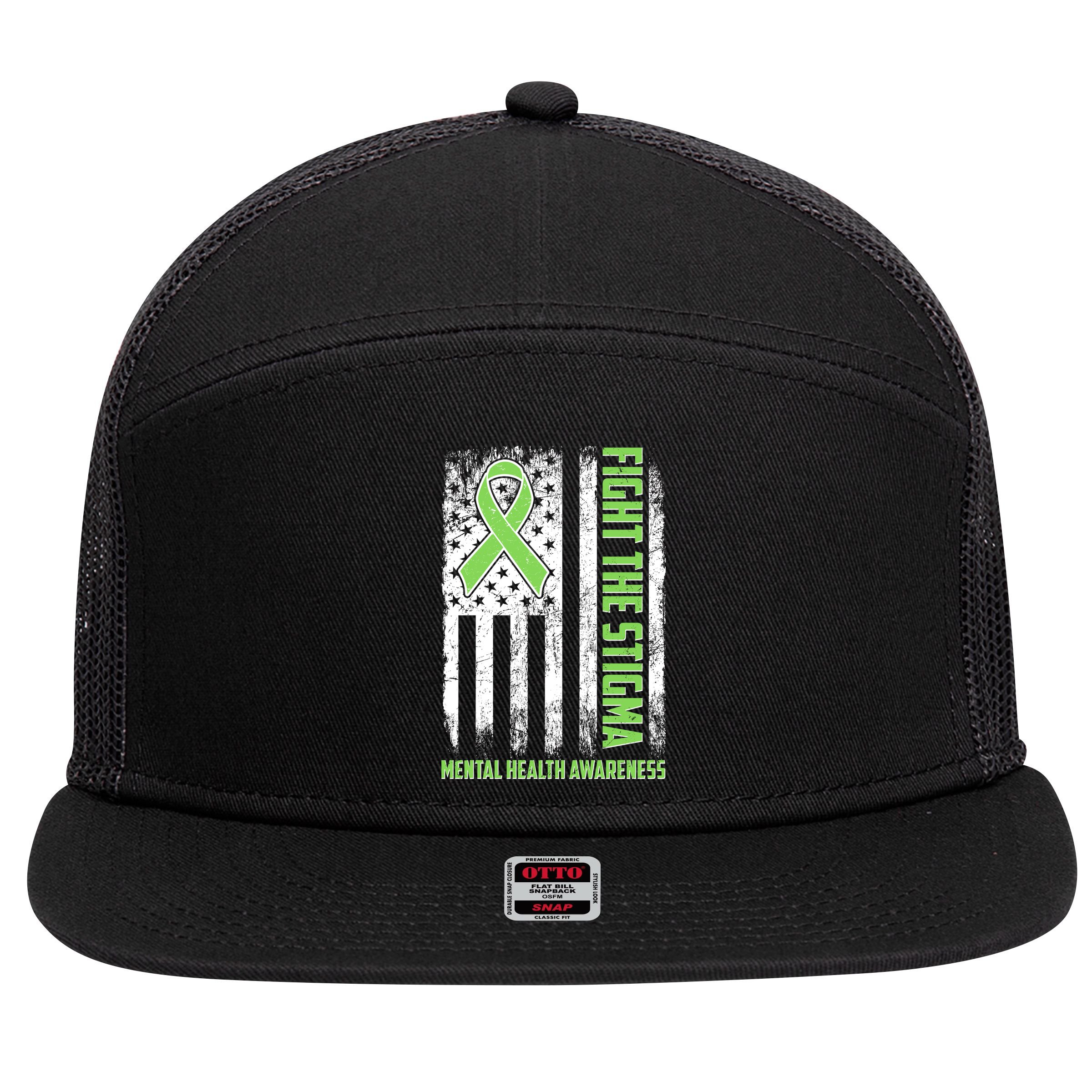 Fight The Stigma Mental Health Awareness Distressed USA Flag 7 Panel Mesh Trucker Snapback Hat