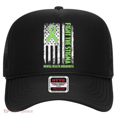 Fight The Stigma Mental Health Awareness Distressed USA Flag High Crown Mesh Back Trucker Hat