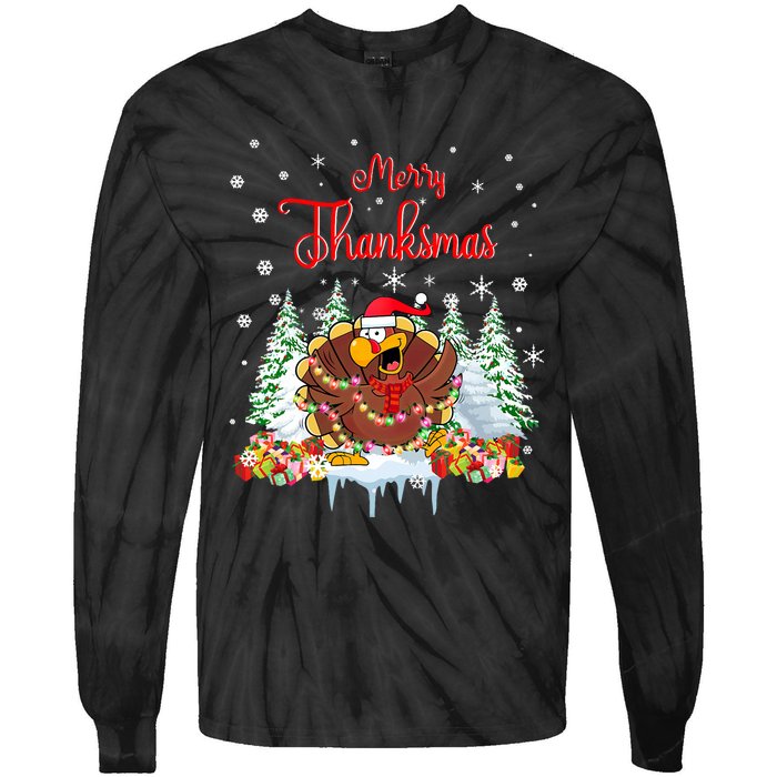 Funny Turkey Santa Merry Thanksmas Christmas Thanksgiving Tie-Dye Long Sleeve Shirt