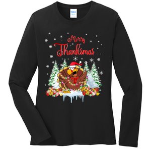 Funny Turkey Santa Merry Thanksmas Christmas Thanksgiving Ladies Long Sleeve Shirt