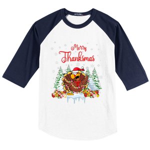 Funny Turkey Santa Merry Thanksmas Christmas Thanksgiving Baseball Sleeve Shirt