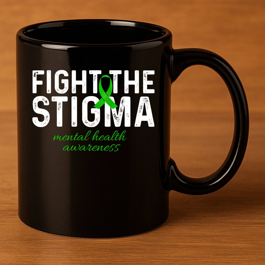 Fight The Stigma Mental Health Awareness Messy Bun Ribbon 11oz C Handle Ceramic Mug