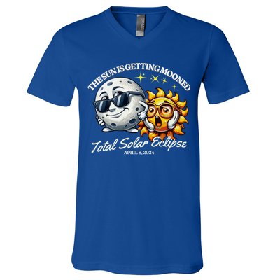 Funny The Sun Is Getting Mooned Total Solar Eclipse April 08 2024 V-Neck T-Shirt